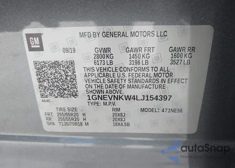 2020 Chevrolet Traverse Awd High Country from USA, damaged, VIN 1GNEVNKW4LJ154397